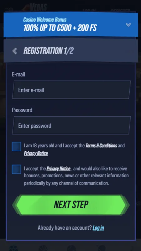 Vegas Hero registration screen with email and password fields