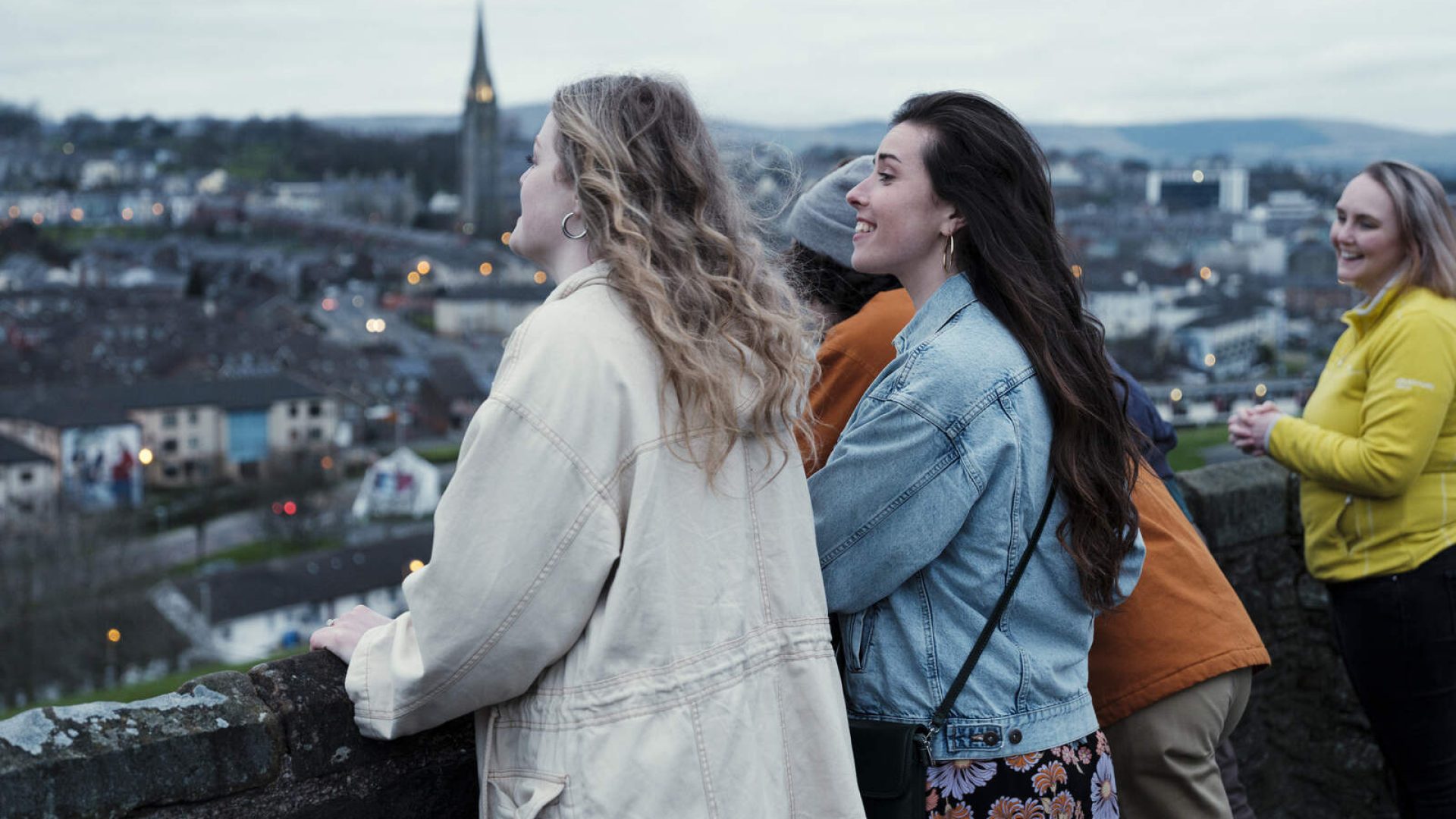 Friends enjoying the Derry Girls walking tour in Derry